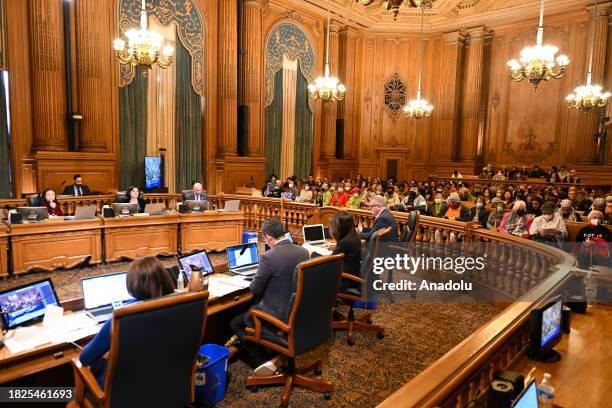 Over two thousand people pack S.F. City Hall as supervisor Dean Preston introduces resolution calling for cease-fire in Israeli attacks on Gaza,...