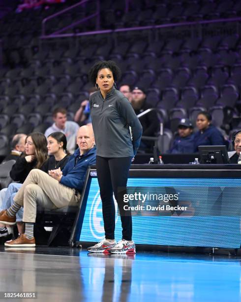 Head Coach Lindsey Harding of the Stockton Kings looks on during the game against G League Ignite on December 5, 2023 at The Dollar Loan Center in...