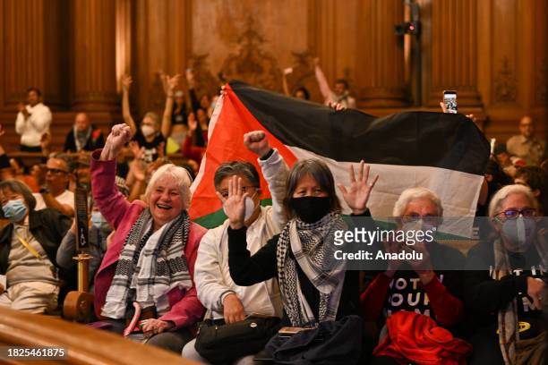 Over two thousand people pack S.F. City Hall as supervisor Dean Preston introduces resolution calling for cease-fire in Israeli attacks on Gaza,...