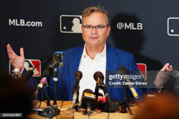 Manager Mike Shildt of the San Diego Padres speaks during the Manager Media Availability at the 2023 MLB Winter Meetings at Gaylord Opryland Resort &...