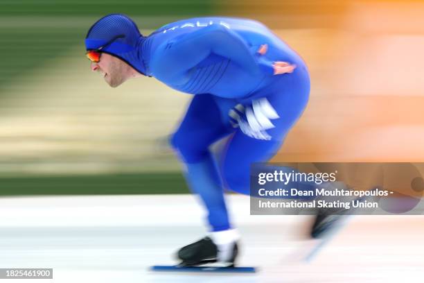 David Bosa of Italy competes in the 1000m Men race on Day 1 of the ISU World Cup Speed Skating at Var Energi Arena Sormarka on December 01, 2023 in...