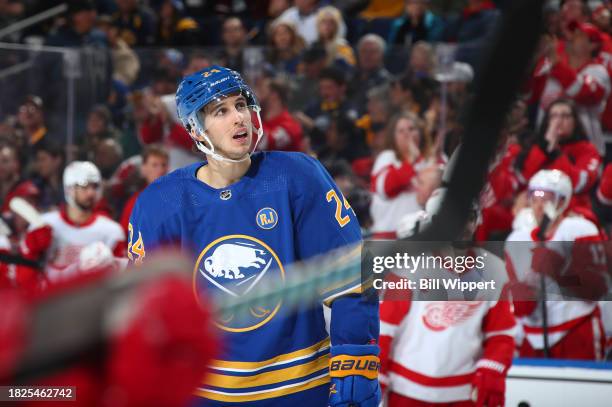 Dylan Cozens of the Buffalo Sabres reacts after missing on a third period scoring chance against the Detroit Red Wings during an NHL game on December...