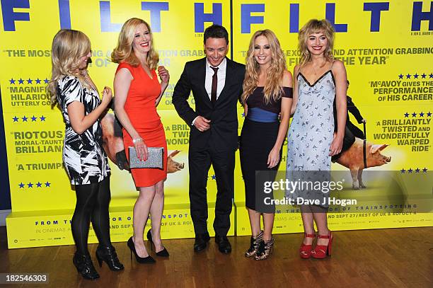 Joy McAvoy, Shauna Macdonald, James McAvoy, Joanne Froggatt and Imogen Poots attend the London premiere of 'Filth' at The Odeon Leicester Square on...