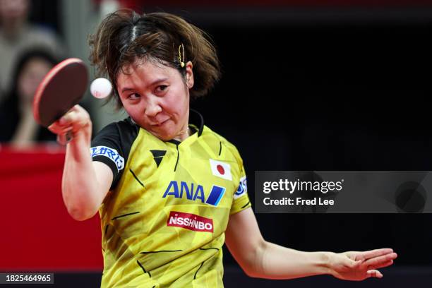 Miu Hirano of Team Japan competes against Li Yu-Jhun of Team Chinese Taipei during ITTF Mixed Team World Cup Chengdu 2023 at Sichuan Stadium on...