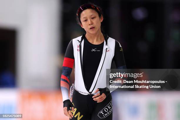 Miho Takagi of Japan competes in the 1000m Women race on Day 1 of the ISU World Cup Speed Skating at Var Energi Arena Sormarka on December 01, 2023...