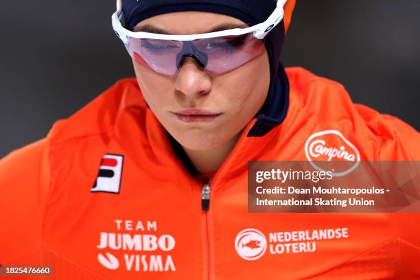 Jutta Leerdam of Netherlands looks on before she competes in the 1000m Women race on Day 1 of the ISU World Cup Speed Skating at Var Energi Arena...