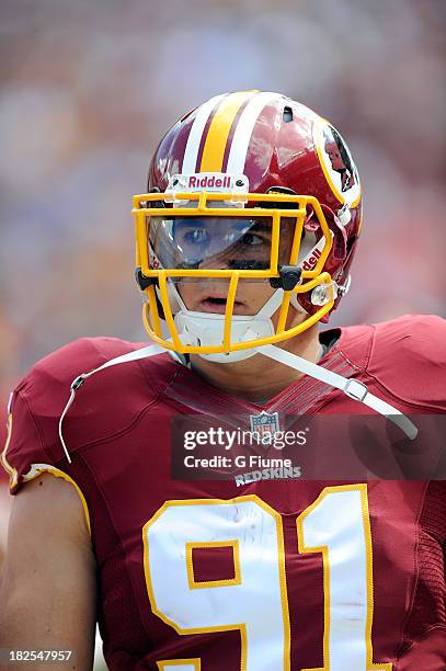 Ryan Kerrigan of the Washington Redskins on the sideline before the game against the Detroit Lions at FedExField on September 22, 2013 in Landover,...