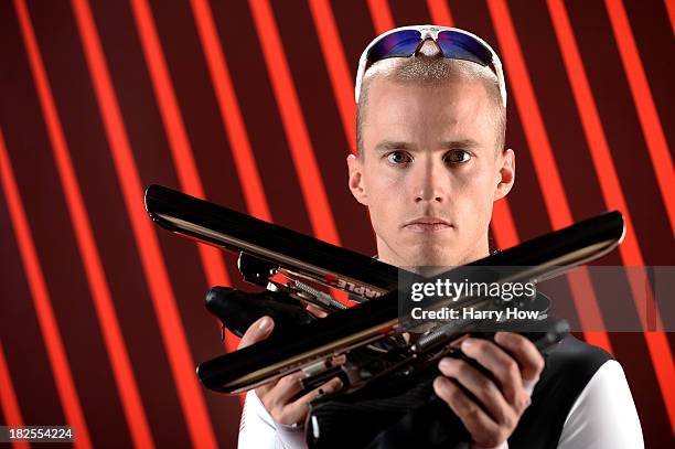 Long track speedskater Patrick Meek poses for a portrait during the USOC Media Summit ahead of the Sochi 2014 Winter Olympics on September 29, 2013...