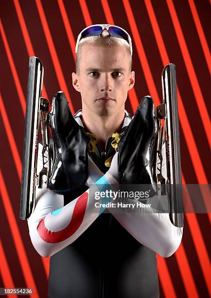 Long track speedskater Patrick Meek poses for a portrait during the USOC Media Summit ahead of the Sochi 2014 Winter Olympics on September 29, 2013...