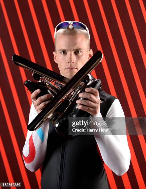 Long track speedskater Patrick Meek poses for a portrait during the USOC Media Summit ahead of the Sochi 2014 Winter Olympics on September 29, 2013...