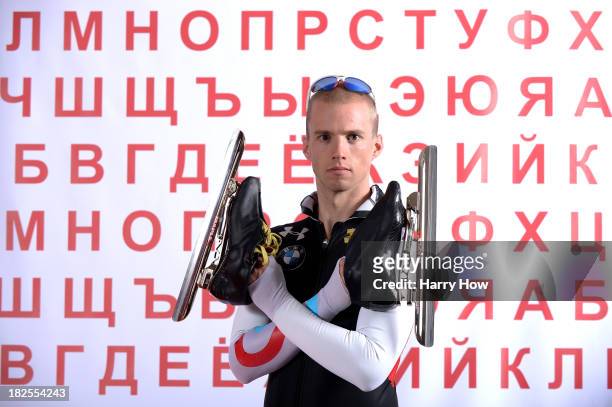 Long track speedskater Patrick Meek poses for a portrait during the USOC Media Summit ahead of the Sochi 2014 Winter Olympics on September 29, 2013...