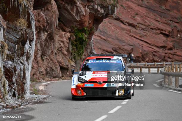 Kalle Rovanpera and Jonne Halttunen of Team Toyota Gazoo Racing WRT are driving the Toyota GR Yaris Rally1 Hybrid in Monte Carlo, Monaco, on January...