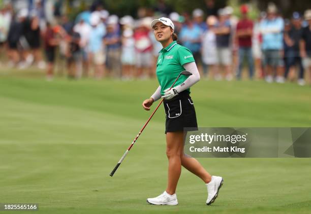 Minjee Lee of Australia looks on after playing a shot on the 1st hole during the ISPS HANDA Australian Open at The Australian Golf Course on December...