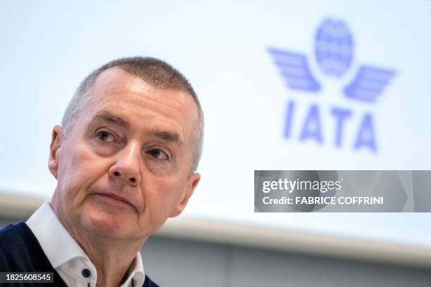 International Air Transport Association director general Willie Walsh looks on during the IATA Global Media Day in Geneva, on December 6, 2023.