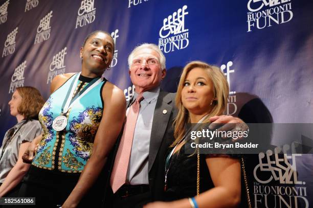 Nick Buoniconti poses with Legends former WNBA Teresa Edwards and gymnast Shawn Johnson at the 28th Annual Great Sports Legends Dinner to Benefit The...