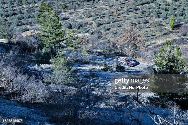 Thierry Neuville and Martijn Wydaeghe of the Hyundai Shell Mobis World Rally Team are competing in the Hyundai i20 N Rally1 Hybrid during the...