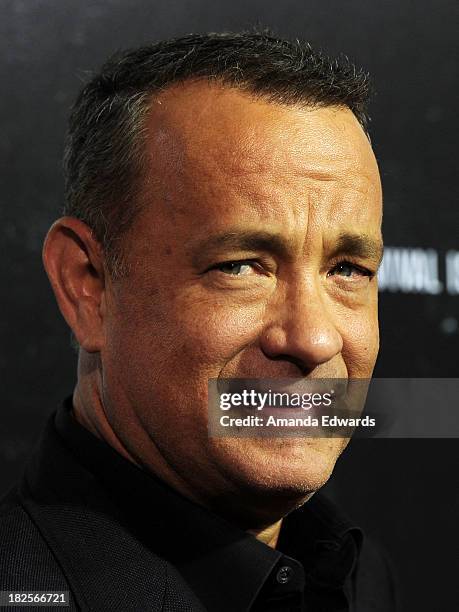 Actor Tom Hanks arrives at the Los Angeles premiere of "Captain Phillips" at the Academy of Motion Picture Arts and Sciences on September 30, 2013 in...