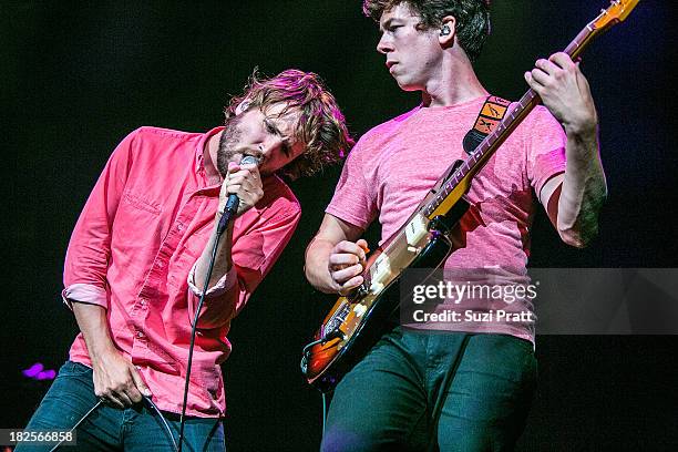 Wes Miles and Milo Bonacci of Ra Ra Riot perform live at Bumbershoot at Seattle Center on September 1, 2013 in Seattle, Washington.