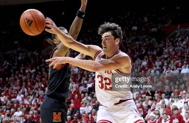 Trey Galloway of the Indiana Hoosiers passes the ball in the first half against the Maryland Terrapins at Simon Skjodt Assembly Hall on December 01,...