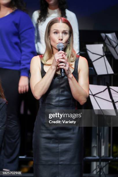 Kristen Bell speaks onstage at Education Through Music Los Angeles' 18th Annual Gala held at the Skirball Cultural Center on December 5, 2023 in Los...