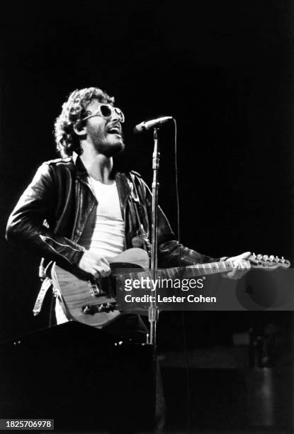 American singer Bruce Springsteen performs on stage during the Lawsuit Tour at the Santa Barbara Bowl in Santa Barbara, California, October 5, 1976.