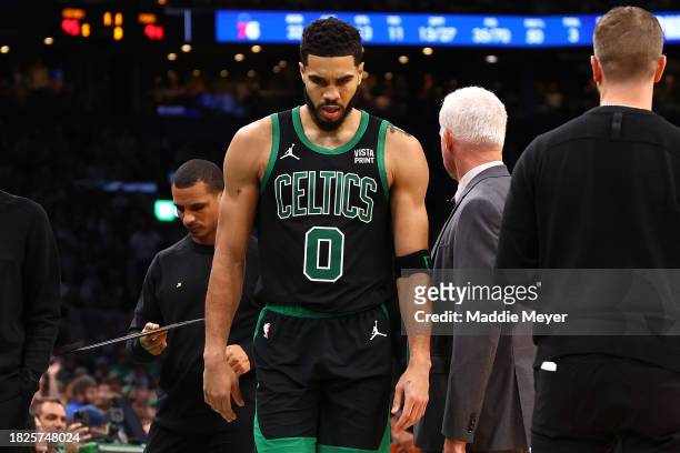 Jayson Tatum of the Boston Celtics is ejected from the game against the Philadelphia 76ers after his second technical foul at TD Garden on December...