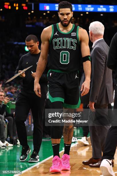 Jayson Tatum of the Boston Celtics is ejected from the game against the Philadelphia 76ers after his second technical foul at TD Garden on December...