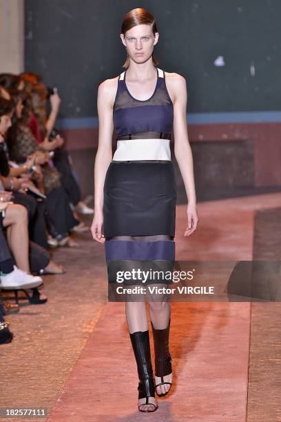 Model walks the runway during Cedric Charlier show as part of the Paris Fashion Week Womenswear Spring/Summer 2014 on September 24, 2013 in Paris,...