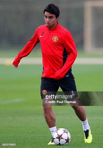 Rafael of Manchester United in action during a training session ahead of their Champions League Group A match against Shakhtar Donetsk at their...