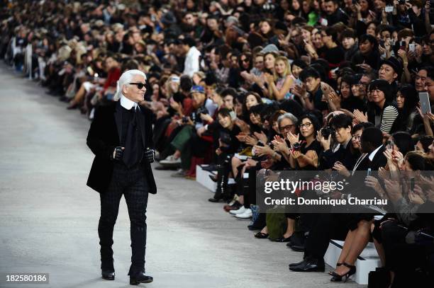 Designer Karl Lagerfeld walks the runway during Chanel show as part of the Paris Fashion Week Womenswear Spring/Summer 2014 on October 1, 2013 in...