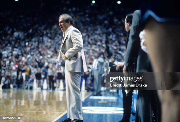 Head coach Rollie Massimino of the Villanova Wildcats looks on during the NCAA Men's Basketball National Championship against the Georgetown Hoyas at...