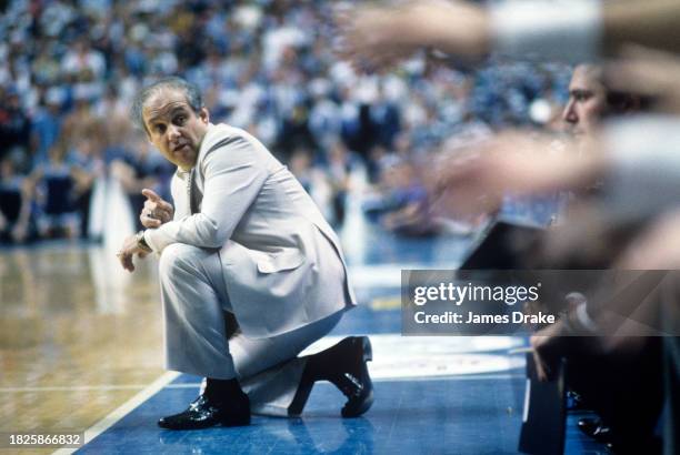 Head coach Rollie Massimino of the Villanova Wildcats looks on during the NCAA Men's Basketball National Championship against the Georgetown Hoyas at...