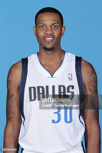 Devin Ebanks of the Dallas Mavericks poses for a headshot at the Dallas Mavericks 2013-2014 Media Day on September 30, 2013 at the American Airlines...