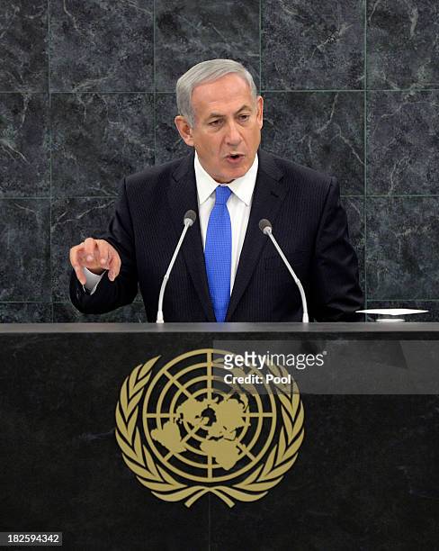 Israeli Prime Minister Benjamin Netanyahu speaks at the 68th United Nations General Assembly on October 1, 2013 in New York City. Over 120 prime...