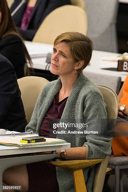 United States Ambassador to the United Nations Samantha Power listens to Israeli Prime Minister Benjamin Netanyahu speak at the 68th United Nations...