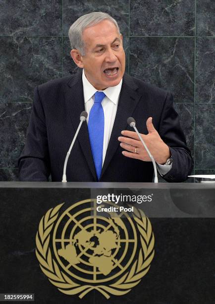 Israeli Prime Minister Benjamin Netanyahu speaks at the 68th United Nations General Assembly on October 1, 2013 in New York City. Over 120 prime...