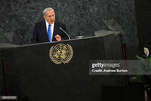 Israeli Prime Minister Benjamin Netanyahu speaks at the 68th United Nations General Assembly on October 1, 2013 in New York City. Over 120 prime...