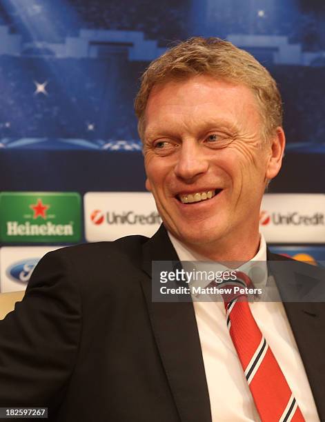 Manager David Moyes of Manchester United speaks during a press conference, ahead of their UEFA Champions League match against Shaktar Donetsk, at...