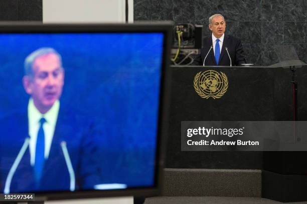 Israeli Prime Minister Benjamin Netanyahu speaks at the 68th United Nations General Assembly on October 1, 2013 in New York City. Over 120 prime...