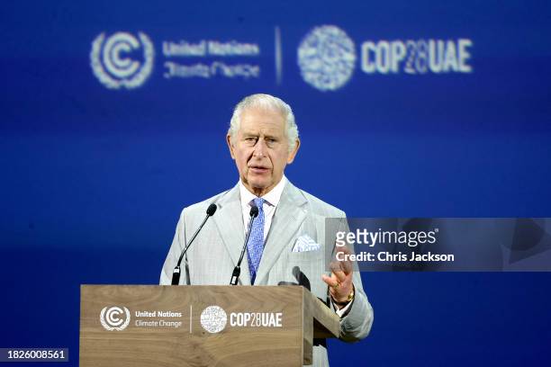 King Charles III gives a speech as he attends the opening ceremony of the World Climate Action Summit during COP28 on December 01, 2023 in Dubai,...