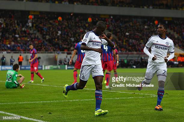 Ramires of Chelsea celebrates with Samuel Eto after scoring the opening goal during the UEFA Champions League Group E Match between FC Steaua...