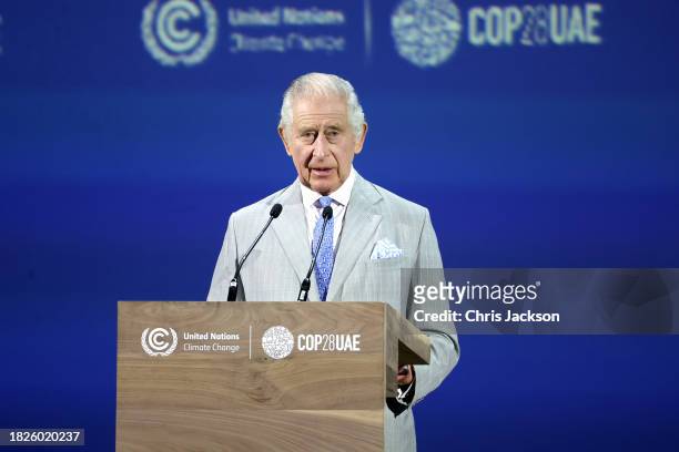 King Charles III gives a speech as he attends the opening ceremony of the World Climate Action Summit during COP28 on December 01, 2023 in Dubai,...