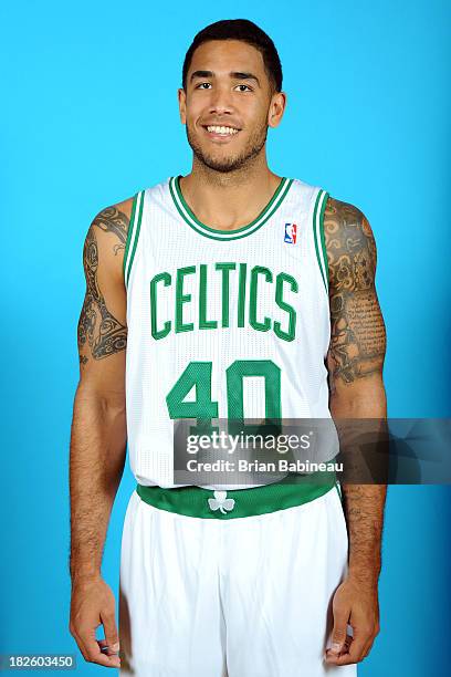 Damen Bell-Holter of the Boston Celtics poses for a picture during media day at the Boston Sports Club in Waltham, Massachusetts on September 30,...