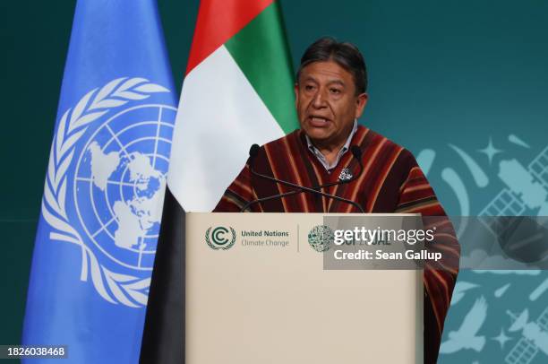 David Choquehuanca Cespedes, Vice President of Bolivia, speaks during day two of the high-level segment of the UNFCCC COP28 Climate Conference at...