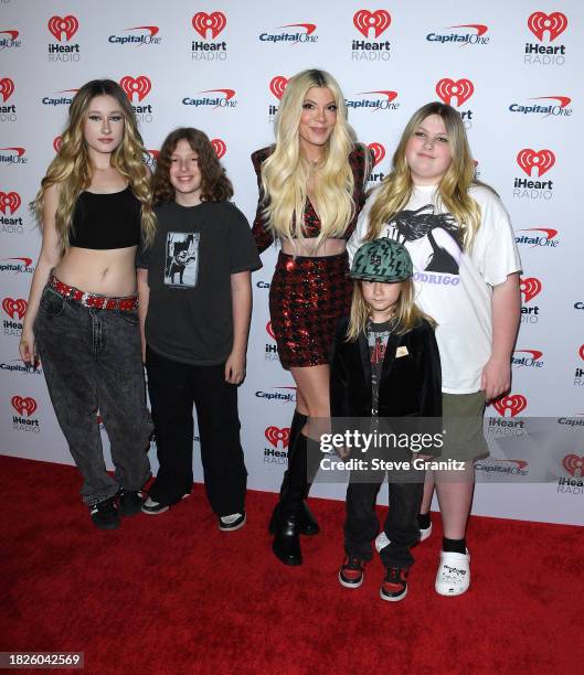 Stella Doreen McDermott, Finn McDermott, Beau Mcdermott, Tori Spelling, and Hattie McDermott arrives at the KIIS FM's iHeartRadio Jingle Ball 2023...