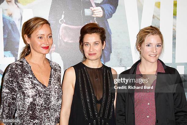 French actresses Julie Ferrier, Emmanuelle Devos and Natacha Regnier attend 'La Vie Domestique' Paris premiere at MK2 Cinema on October 1, 2013 in...