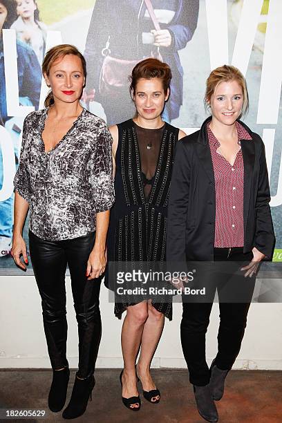 French actresses Julie Ferrier, Emmanuelle Devos and Natacha Regnier attend 'La Vie Domestique' Paris premiere at MK2 Cinema on October 1, 2013 in...