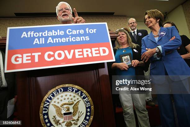 Rep. George Miller speaks as House Minority Leader Rep. Nancy Pelosi and Leslie Boyd of Candler, North Carolina, who has lost her son to cancer,...