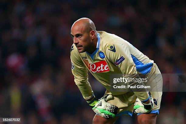 Goalkeeper Pepe Reina of Napoli looks on during UEFA Champions League Group F match between Arsenal FC and SSC Napoli at Emirates Stadium on October...