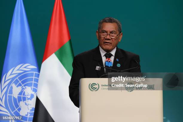 Kausea Natano, Prime Minister of Tuvalu, speaks during day two of the high-level segment of the UNFCCC COP28 Climate Conference at Expo City Dubai on...
